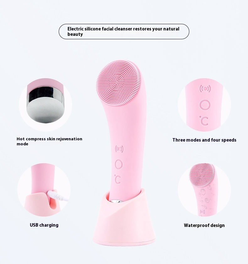 Electric Silicone Facial Cleansing Brush – Vibrating Heated Face Cleaner for Deep Gentle Cleansing